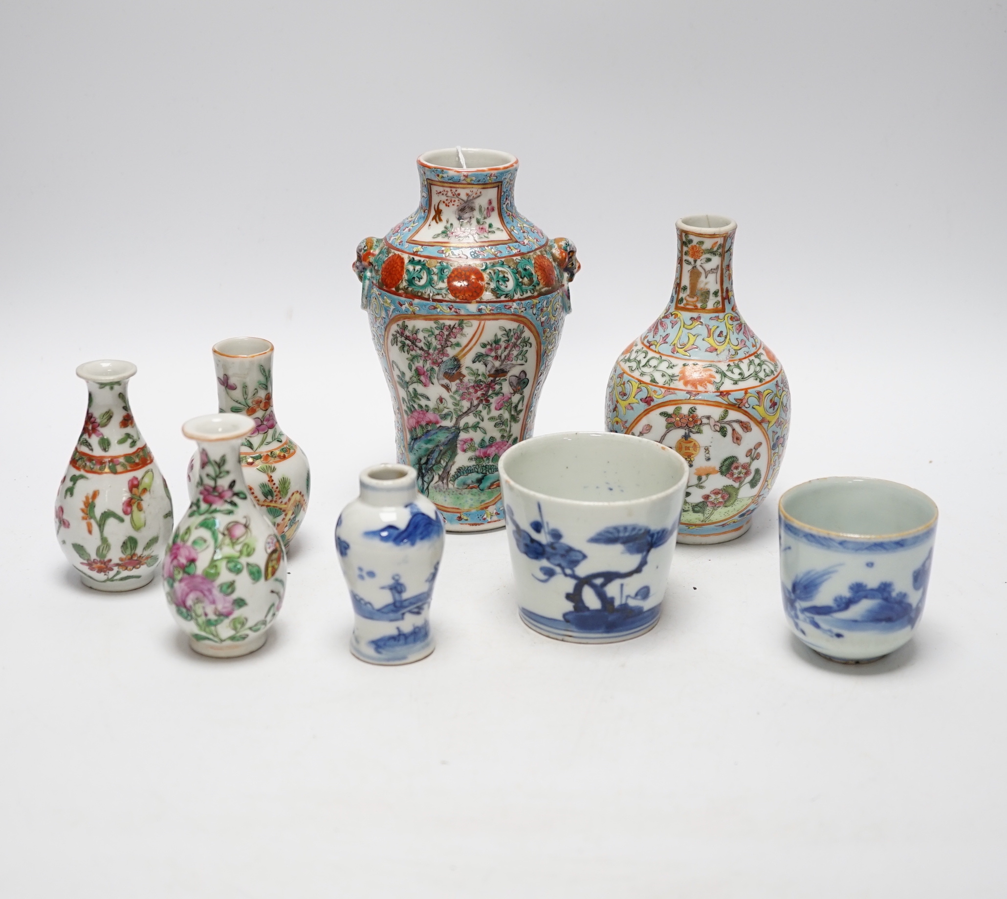 A group of Chinese famille rose small vases and blue and white items, late 19th/early 20th century (8) tallest 16cm